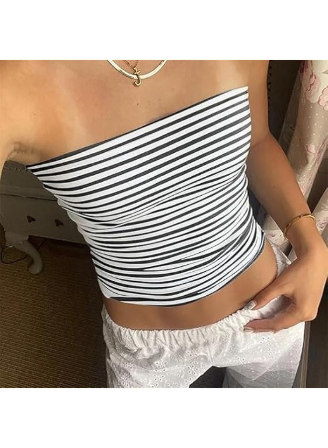 CLENEA Women Strapless Striped Bandeau Tube Tops Aesthetic Sleeveless Backless Crop Tank Going Out Summer Girls - Image 4